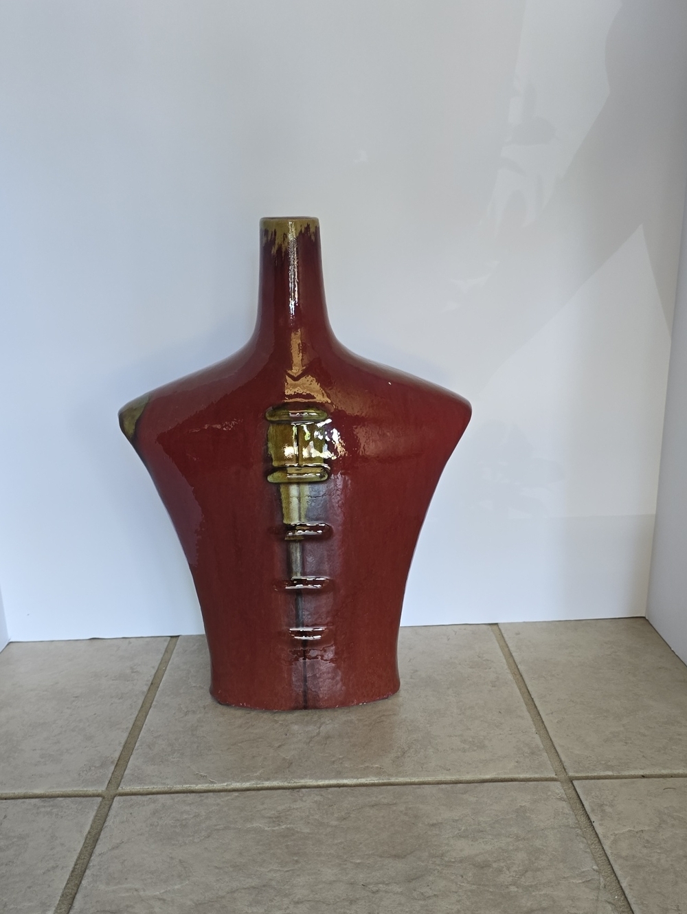 Red Ceramic Decorative Vase with Gold & Olive Drip Accent